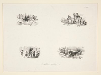 Four Subjects: A Cavalcade; Four Children; A Peasant Woman Carrying a Small Child; Travelers by Paul Gavarni