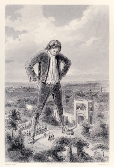 The Lilliputian Army March Between the Legs of Gulliver, from French Edition of Gulliver