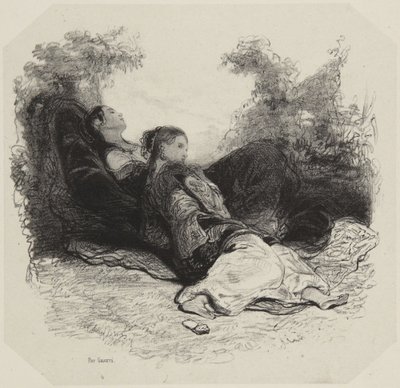 Two Women Resting in Garden by Paul Gavarni