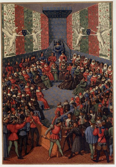 Charles VII presiding over the judgment of John, Duke of Alençon (allied to the English) at Vendome in 1458 - after the miniature of Fouquet, in 