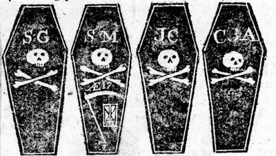 Drawing of the Four Coffins from the Boston Massacre, Printed in the Boston Gazette, 12th March 1770 by Paul Revere