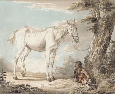 An Old Grey Horse Tethered to a Tree, a Boy Resting Nearby by Paul Sandby