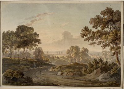 Oxford. Shepherd herding sheep on road toward Oxford, which is visible on the horizon lit by the glow of sunset. by Paul Sandby