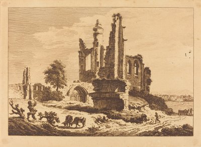 Ruined Abbey with Cattle and a Man Chopping Wood by Paul Sandby