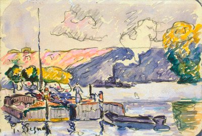 Two Barges, Boat, and Tugboat in Samois by Paul Signac