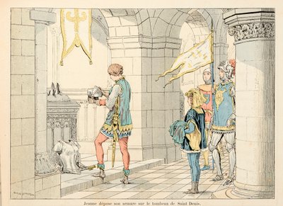 Illustration taken from the book Joan of Arc by Theodore Cahu and illustrated by Paul De Semant: Joan of Arc lays her armor on the tomb of Saint Denis by Paul de Semant