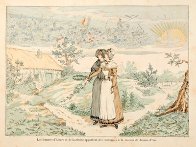 Illustration taken from the book Joan of Arc by Theodore Cahu and illustrated by Paul De Semant: Allegory to the memory of Joan of Arc; the women of Alsace and Lorraine bring crowns to the house of Joan of Arc by Paul de Semant