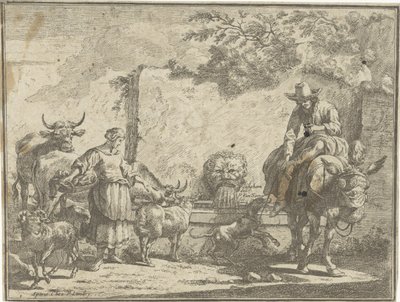 Woman and Man on a Donkey by a Water Well by Paul van Somer (II)