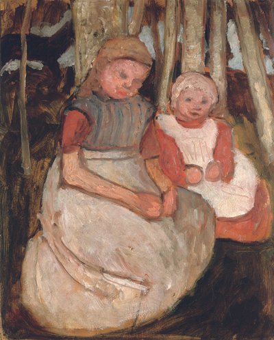 Two Seated Girls Before Birch Trunks by Paula Modersohn Becker