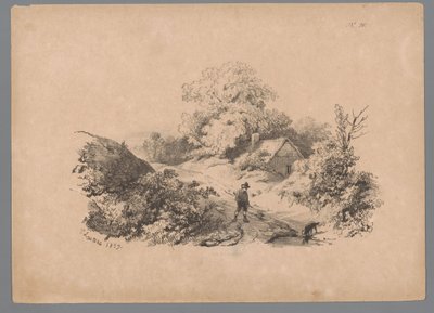 Landscape with Man and Dog on a Country Road by Paulus Lauters