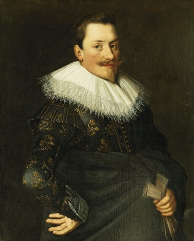 Portrait of a Gentleman, Standing Half Length, Wearing a Blue Costume with Gold Embroidery and a White Lace Collar by Paulus Moreelse
