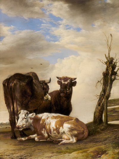Two Cows and a Young Bull Beside a Fence in a Meadow by Paulus Potter