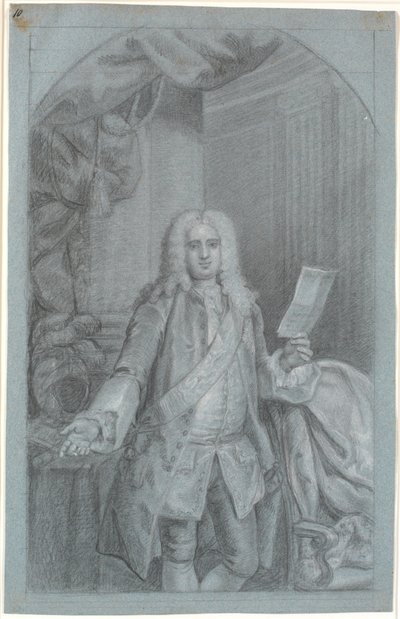 Portrait Study (Knee-Length) of a Standing Man with Right Arm on a Table with Helmet, and in Left Hand a Document. Order Ribbon with Elephant and a Star to the Left of the Ribbon (Blue Knight) by Peder Als