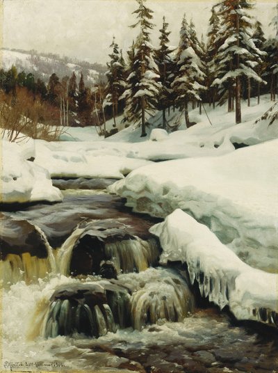 A Winter Landscape with a Mountain Torrent by Peder Monsted