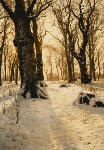 A Wooded Winter Landscape with Deer by Peder Monsted