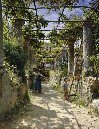 In the Shadow of an Italian Pergola, A Warm Afternoon in Anacapri by Peder Monsted