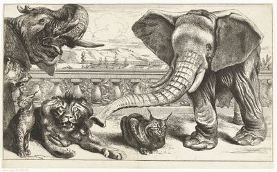 Elephants, Lions, and Lynxes in the Gardens of Versailles by Peeter Boel (attributed to)