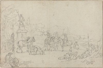 An Elegant Hunting Party Resting by a Fountain by Peeter Bout