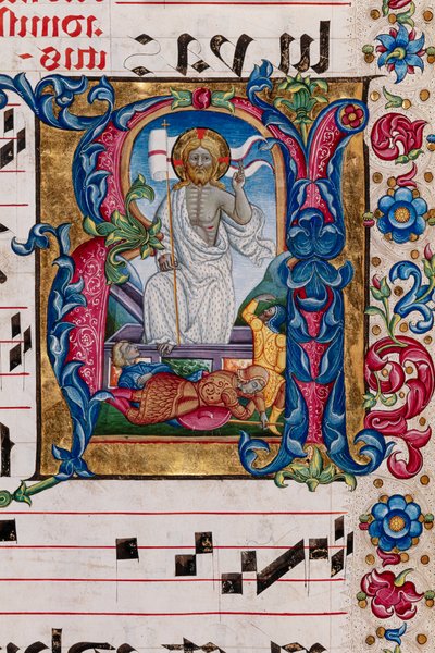 Piccolomini Library: choir book, cod. 101.7, ff. 14r with Resurrection of Christ (detail) by Pellegrino di Mariano