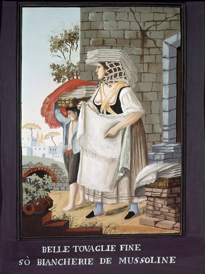 Neapolitan: a travelling seller of tablecloth and linen. Painting by Pelliccia 19th century Museo Nazionale di San Martino Naples by Pelliccia
