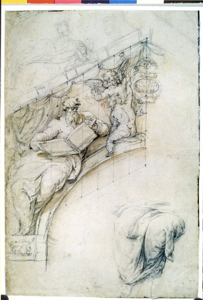 Study for a Fresco with a Prophet Figure and Two Putti by Perino del (1501-47) Vaga