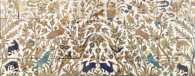 A Curda Seca Tile Panel, Comprising Four Rows of Ten Tiles, Painted with Vegetation Inhabited by Birds, Deer and Lions by Persian School