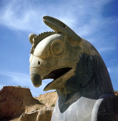 A griffon, legendary creature half eagle, half lion. Column of the Apadana, large courtroom, surmounted by these capitals, palace of Darius I, Persepolis, Iran. by Persian School