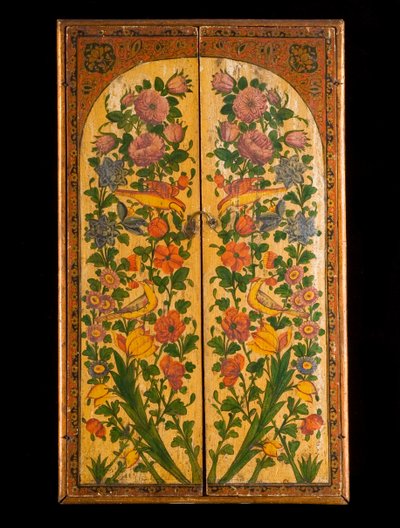A large Qadjar polychrome lacquered Mirror, with the doors closed to reveal the decorated panels by Persian School