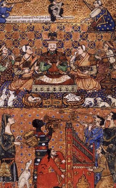 Ruler enthroned with attendants and music-makers, written in Genoa, late 14th century by Persian School