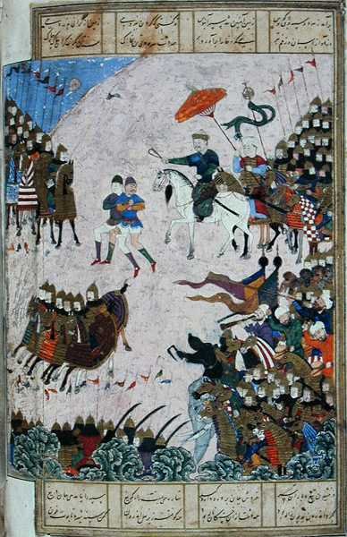 Battle between Isfandiyar and Arjasp, illustration from the 