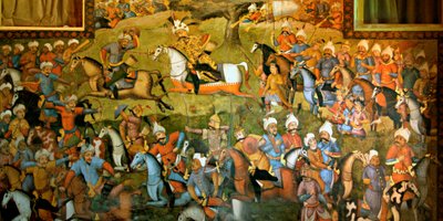 Battle of Taher-Abad or Battle of Merv with Victory of Shah Ismail I over Muhammad Shaybani Khan, Reception Hall, Chehel Sotun, 1647 by Persian School