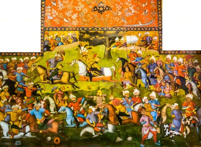 Battle of Taher-Abad or Battle of Merv with Victory of Shah Ismail I over Muhammad Shaybani Khan, Reception Hall, Chehel Sotun, 1647 by Persian School
