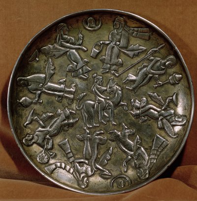 Dish with relief decoration depicting the goddess Anahita surrounded by eight female figures by Persian School
