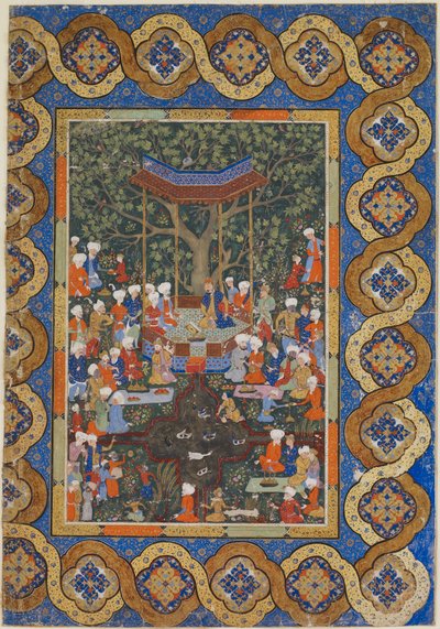 Folio from an unidentified text; A Ruler in a Garden Pavilion Surrounded by Courtiers and Attendants by Persian School
