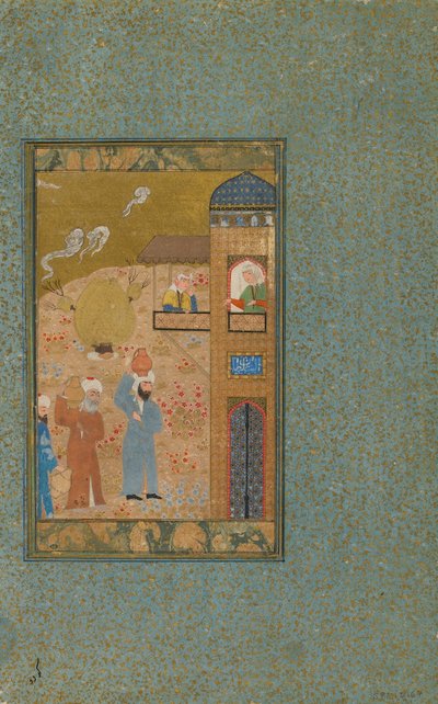 Two Men Carrying Pitchers Approach a Building by Persian School