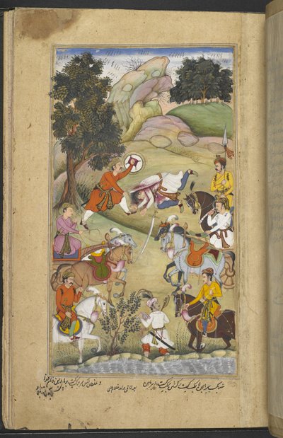 Babhruvahana decimating Arjuna’s army (Bulaqi ibn Ghulam ‘Ali) from the Razmnāmah (Book of War), translation of the Mahabharata by Naqib Khan by Persian School