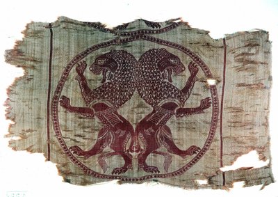 Persian art: embroidered fabric representing two lions of Sassanid inspiration. 8th century AD. Private Collection by Persian School