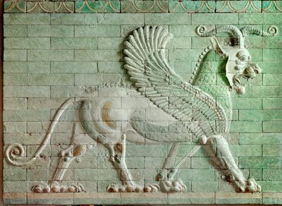 Persian period rouenide (Iran): low relief in enamelled brick representing a griffon. From the Palace of Darius I (550-486 BC), king of Persia at Susa. 510 BC. Paris, Louvre Museum by Persian School