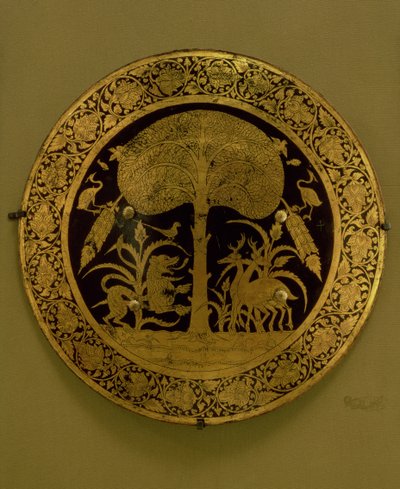 Plate with a Border of Stylised Flowers Surrounding a Scene of Exotic Animals under a Spreading Tree by Persian School