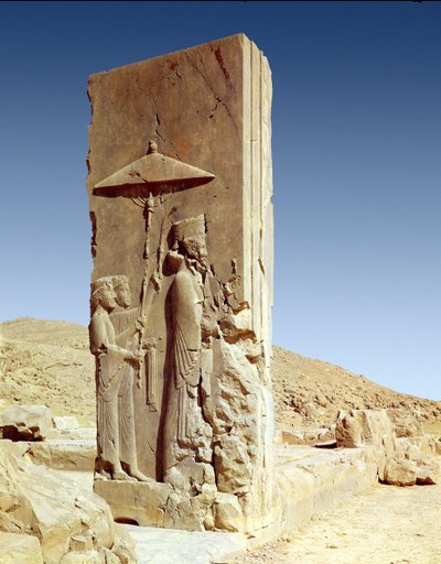 Relief in the Hall of a Hundred Columns depicting King Xerxes I leaving the Hall, Achaemenian Period by Persian School