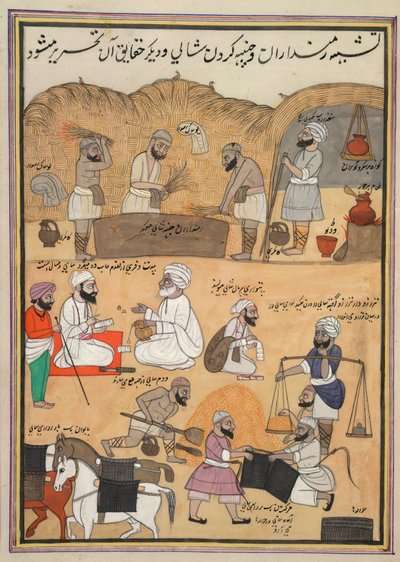 Threshing paddy, weighing it and packing it in saddle-bags by Persian School