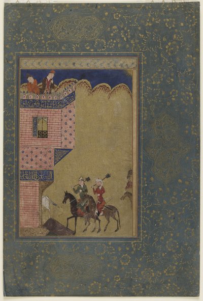 Two Riders Carrying Maces Approaching a Castle by Persian School