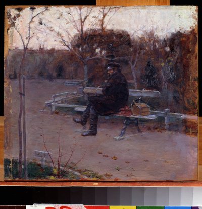 On the Boulevard. A man alone, sitting on a bench in the cold, near him, a bundle and a toolbox. by Peter Alexandrovich Nilus