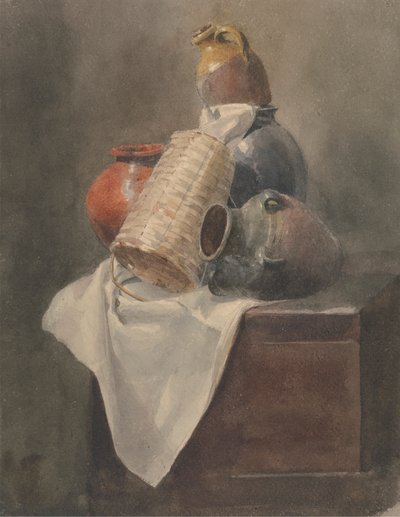 Still Life: Pots, Basket and Cloth on a Chest by Peter DeWint