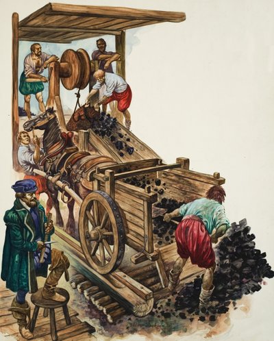 A tallyman notches up how many loads of coal leave the mine as a miner fills a cart and others hoist more to the surface by Peter Jackson