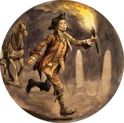 Boy running in front of carriage with torch by Peter Jackson