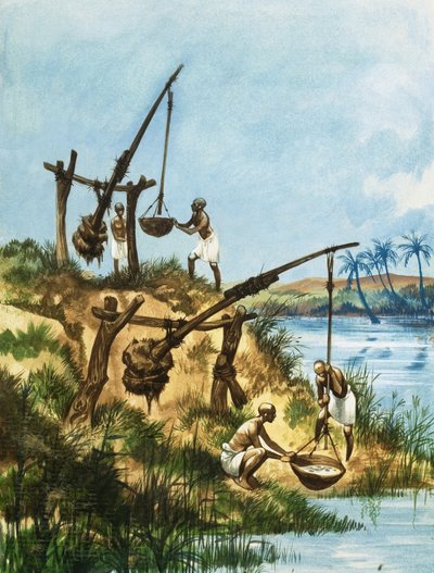 Early Egyptians using a system of weights and poles called shadoofs to get water from the Nile by Peter Jackson