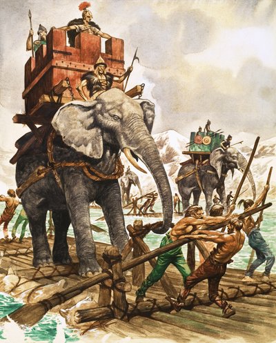 Hannibal and His Elephants Crossing a River by Raft by Peter Jackson