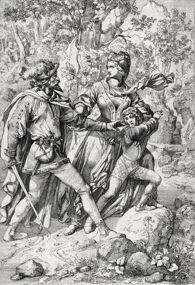 Queen of England Margaret of Anjou (1430-1482) and her son Edward rescued by a robber during their flight after the triumph of the Yorkists by Peter Johann Nepomuck Geiger