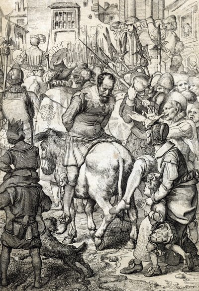The false Sebastian: after the death of King Sebastian of Portugal, whose remains were not found, several people pretended to be the king reappeared to guide his people, one of them halted in Naples walked in the street under the gaze of the inhabitants by Peter Johann Nepomuck Geiger